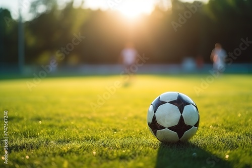 After game. Closeup soccer ball on grass of football field at crowded stadium