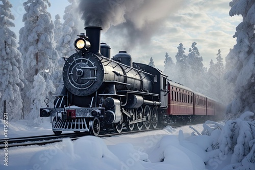 Snowy fairytale landscape with vintage steam locomotive evoking warm antique feel