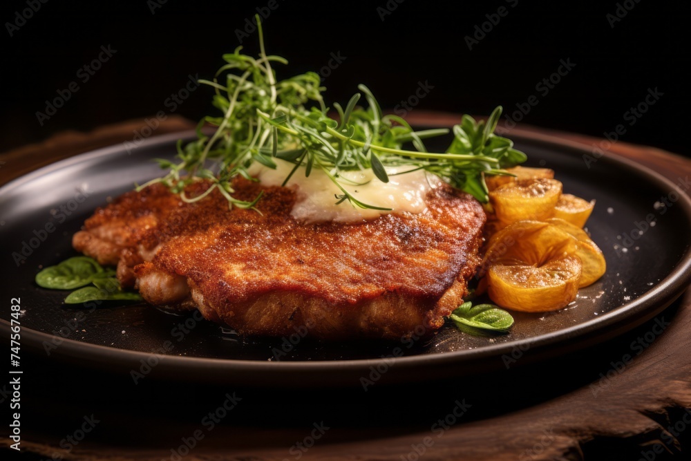 Macro detail close-up photography of a refined  schnitzel on a rustic plate against a leather background. AI Generation