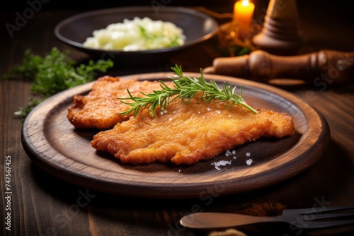 Macro detail close-up photography of a refined schnitzel on a rustic plate against a leather background. AI Generation
