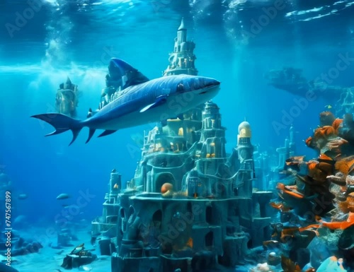 Close-up of great white shark swimming underwater in front of camera
