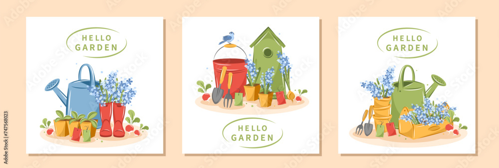 Hello spring garden. Collection of tools for gardening and growing plants. Agricultural tools.  Vector illustration Isolated on white.
