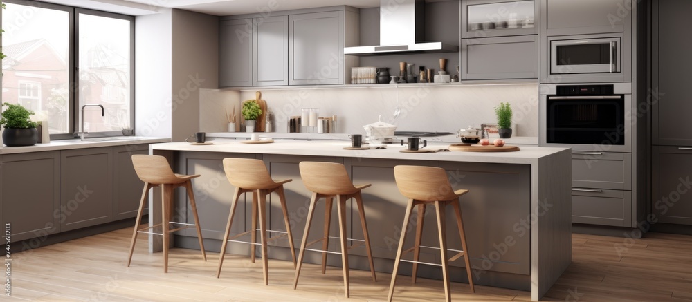 In this modern kitchen with a Scandinavian style and gray tones, there is an ample amount of counter space and several bar stools. In this modern kitchen with a Scandinavian style and gray tones, there is an ample amount of counter space and several bar stools.