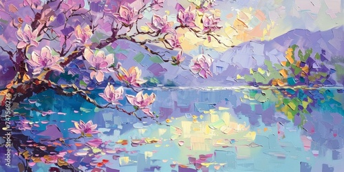 Fototapeta Naklejka Na Ścianę i Meble -  a painting of magnolia trees and flowers Generative AI