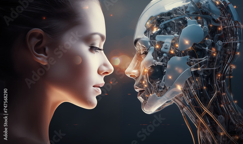 Cybergirl robotic humanoid and beautiful woman side-by-side eye-to-eye portraits view with futuristic digital and data transferring background. Artificial intelligence AI and human relations concept. photo