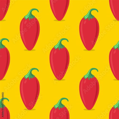 Vector Seamless Pattern with Flat Whole Fresh Hot Chili Pepper on a Yellow Background. Spicy Chili Pepper in Front View. Vector Illustration for Culinary, Cooking, and Spicy Food Concept