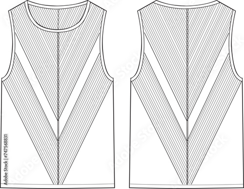 Women's Round Neck Knit, Rib Vest Top- Technical fashion illustration. Front and back, white colour. Women's CAD mock-up.