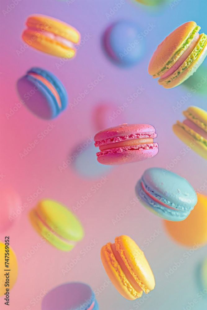 Colorful macarons falling, flying, levitating on a pastel color background Colorful macarons falling, flying, levitating on a pastel color background
