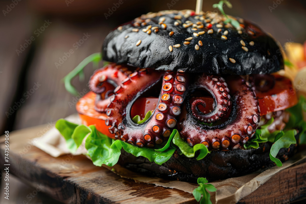 Black burger with octopus and arugula on wooden cutting board