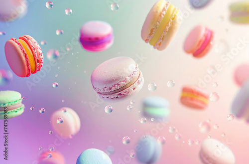 Colorful macarons falling, flying, levitating on a pastel color background