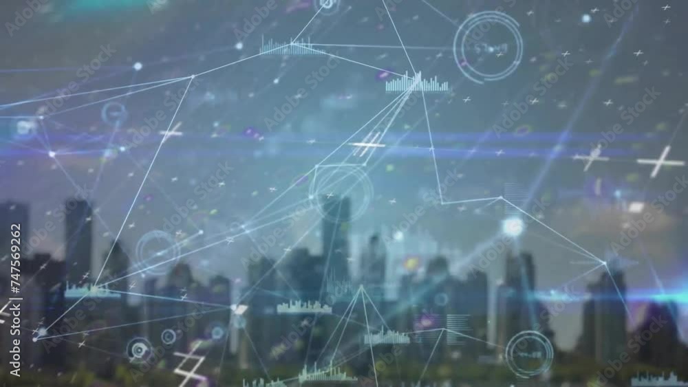 Animation of data processing and diagrams over cityscape Animation of data processing and diagrams over cityscape