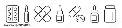 set of pharmacy and medicine line  icons with editable stroke