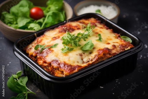 Close-up view photography of a delicious lasagna in a bento box against a granite background. AI Generation