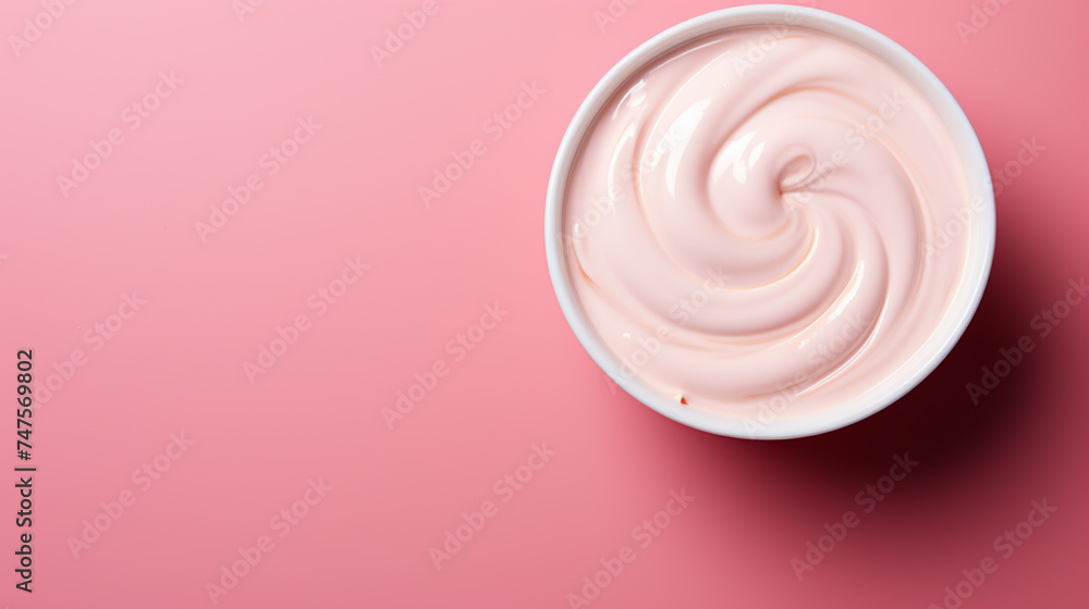 Jar of face cream on red background, flat lay. Space for text Jar of face cream on red background, flat lay. Space for text