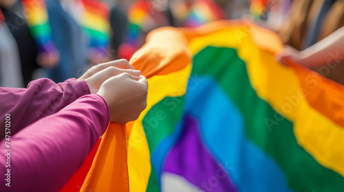 group of people holding hands on lgbt flag