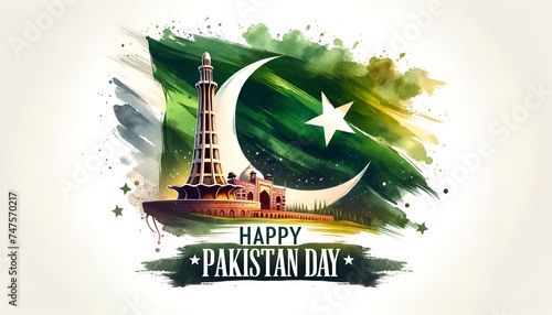 Watercolor style illustration for pakistan day with a flag and minar e pakistan. photo