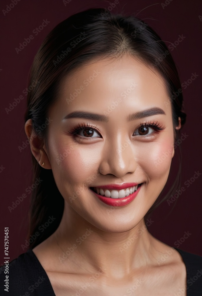 Radiant young woman with a captivating smile against a dark background. Radiant young woman with a captivating smile against a dark background.