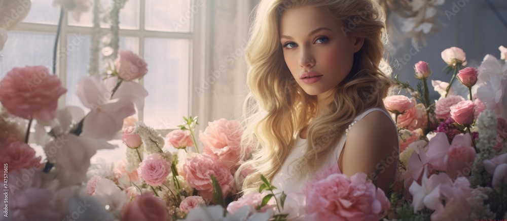 Naklejka premium A beautiful blonde woman is standing in front of a vibrant bunch of flowers, striking a pose in a bright interior setting. The flowers add color and freshness to the scene.