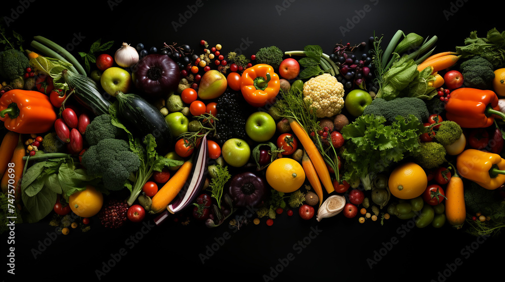 Frame of organic food. Fresh raw vegetables . On a black chalkboard.