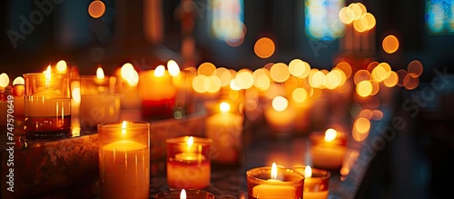 A group of lit candles sits on top of a table during a solemn Catholic church vigil.