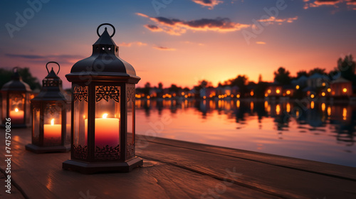 A lantern is placed on a wooden table with a beautiful background for the Muslim feast of the holy month of Ramadan Kareem.