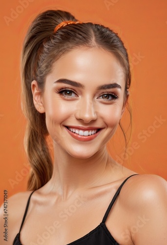 Cheerful young woman with a beaming smile on an orange background.