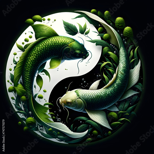 Verdant Yin and Yang: Koi Fish Encompassed by Lush Botanicals in Symbiotic Unity photo