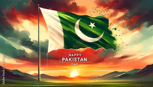 Watercolor illustration of the pakistan national flag with a sunset in the background for pakistan day.