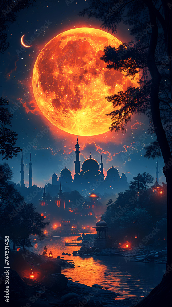 Modern Islamic holiday banner suitable for Ramadan, Raya Hari, Eid al-Adha and Mawlid. A lit lantern on an evening background.