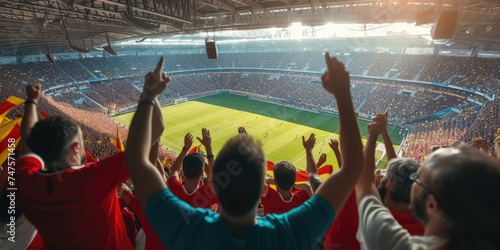 A group of soccer fans at a sports event, standing in a stadium with arms raised in a gesture of leisure and entertainment, engaged in a thrilling football competition. AIG41