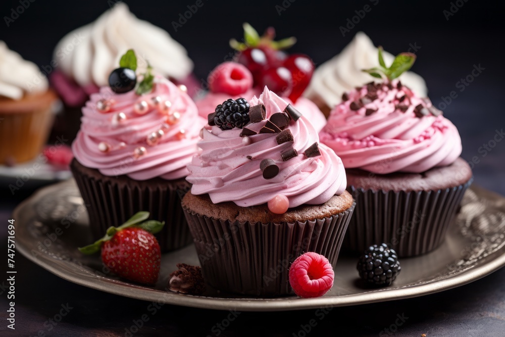 Close-up view photography of a tempting cupcakes on a rustic plate against a granite background. AI Generation