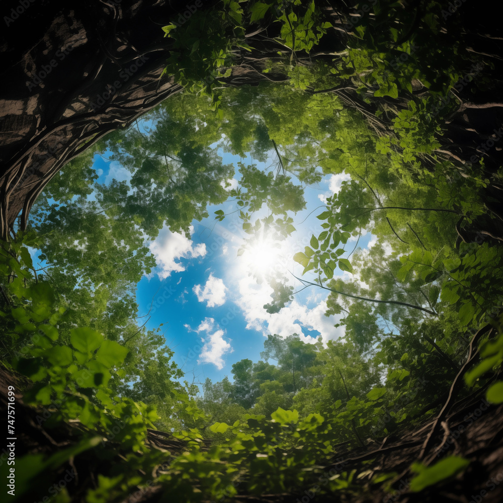 Fototapeta premium Green tree tops in summer forest