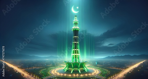 Realistic illustration of the minar e pakistan illuminated with green lights at night for pakistan day. photo