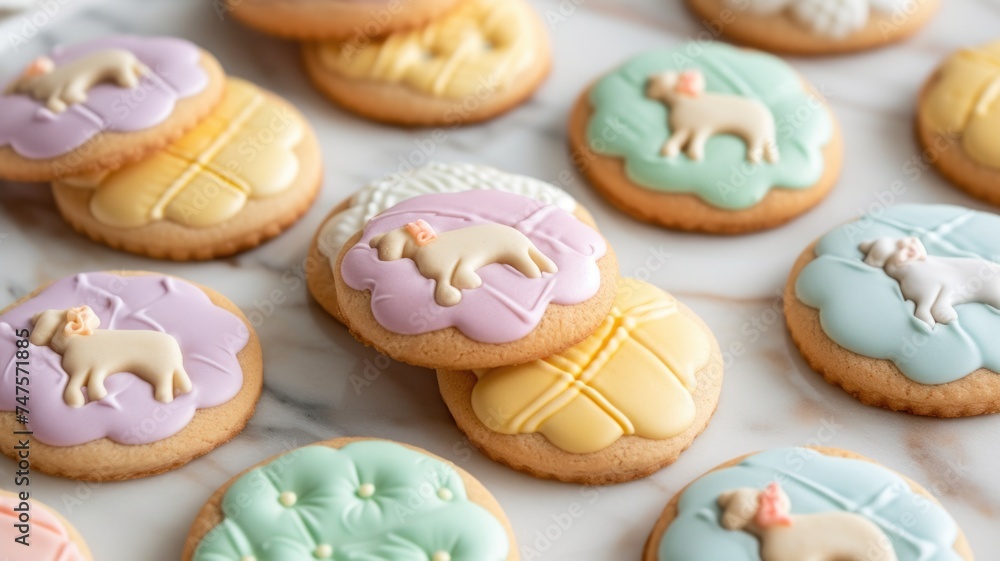 Quilted cookies in vibrant pastel colors with dog image