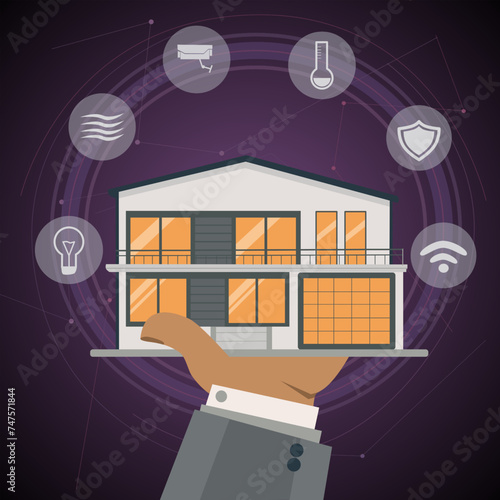 Hand holds the house. The concept of a smart home technological system with centralized control of lighting, temperature and heating, ventilation and air conditioning, security and video surveillance