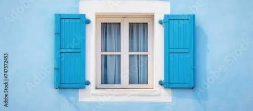 A traditional white wooden window with blue shutters stands out against a blue wall, adding a pop of color to the facade. The window frame is simple and elegant,