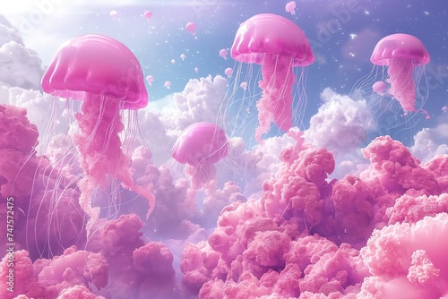 Surreal dreamscape where delicate pink jellyfish float serenely among fluffy, cotton-candy-like clouds