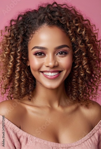 Radiant young woman with curly hair posing on a pink background.
