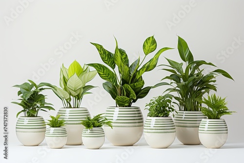 Green plants and white pots on a white background. Growing succulents for home garden, 3d render illustration