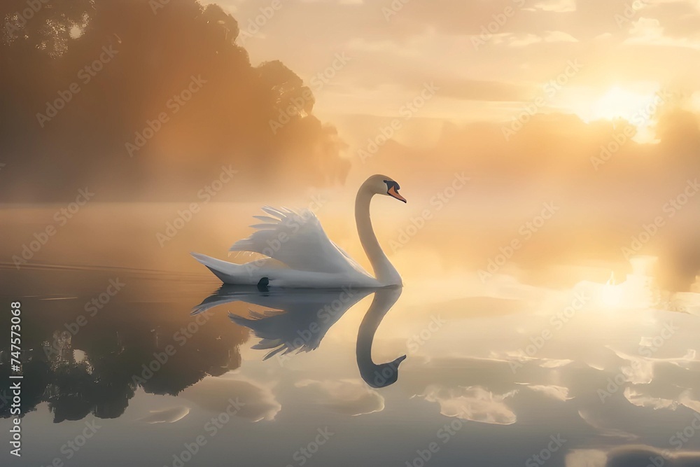 Fototapeta premium In the tranquil embrace of dawn, a majestic swan moves gracefully across a serene lake, its elegance mirrored in the calm water.