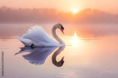 In the tranquil embrace of dawn  a majestic swan moves gracefully across a serene lake  its elegance mirrored in the calm water.