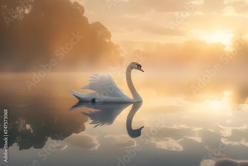 In the tranquil embrace of dawn, a majestic swan moves gracefully across a serene lake, its elegance mirrored in the calm water.