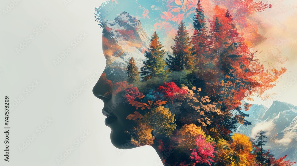 Double exposure of woman face and nature background