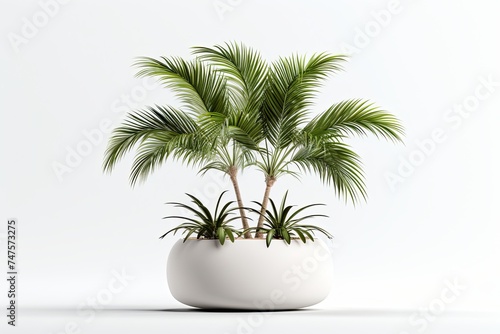 Minimal tropical green palm tree with pots isolated on white background