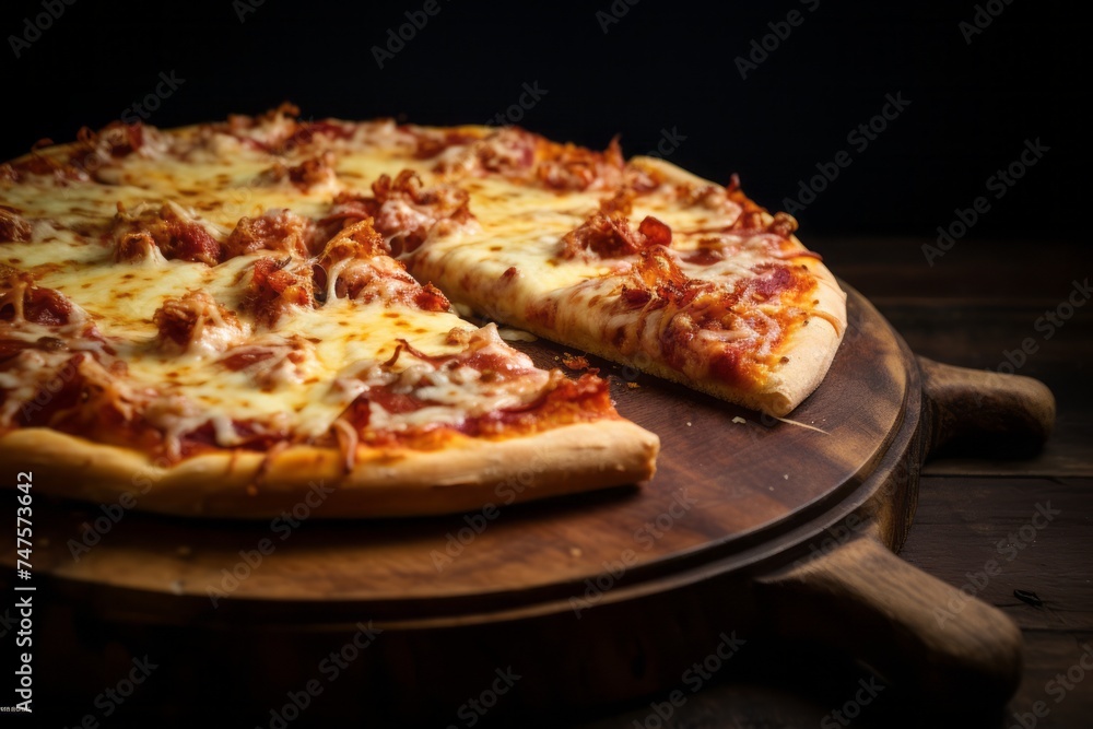 Macro view photography of a juicy pizza on a wooden board against a denim fabric background. AI Generation