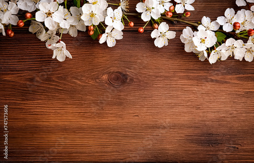 Cherry blossoms on rustic wooden background with copy space. Selective focus.