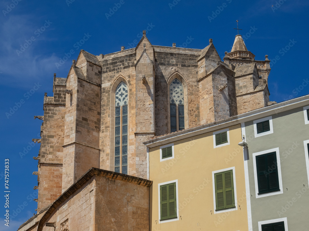 The apse of Ciutadella de Menorca Cathedral behind the houses