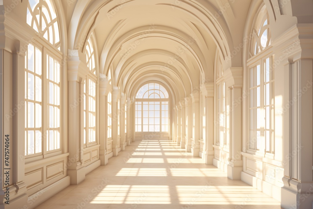 a long hallway with arched ceiling and windows