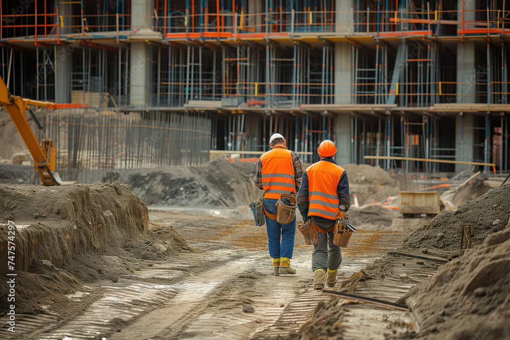 At construction site, civil engineers are wearing protective safety helmets AI Generative At construction site, civil engineers are wearing protective safety helmets AI Generative