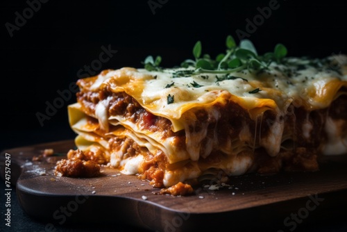 Macro detail close-up photography of a refined  lasagna on a wooden board against a denim fabric background. AI Generation